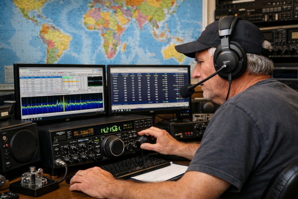 Radioamatore alla stazione HF durante un contest, con ricetrasmettitore Yaesu, monitor con software di logging e mappa del mondo sullo sfondo