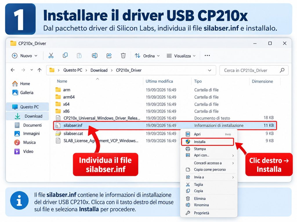 Individua il file silabser.inf, fai clic con il tasto destro e seleziona Installa.