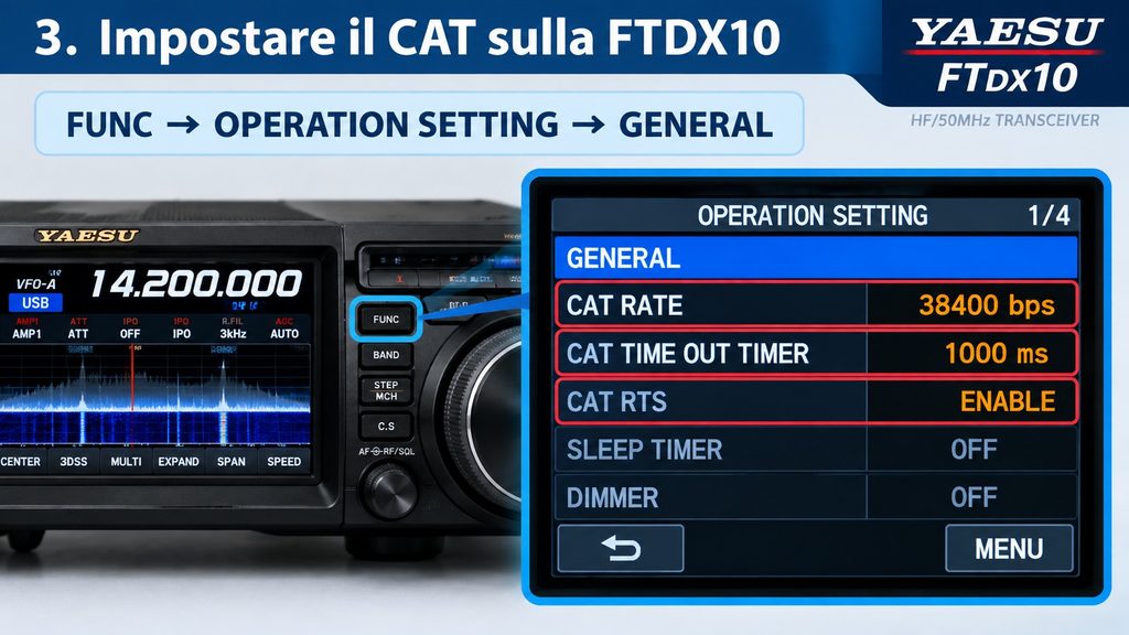 Set CAT RATE to 38400 bps, CAT TIME OUT TIMER to 1000 ms and CAT RTS to ENABLE.