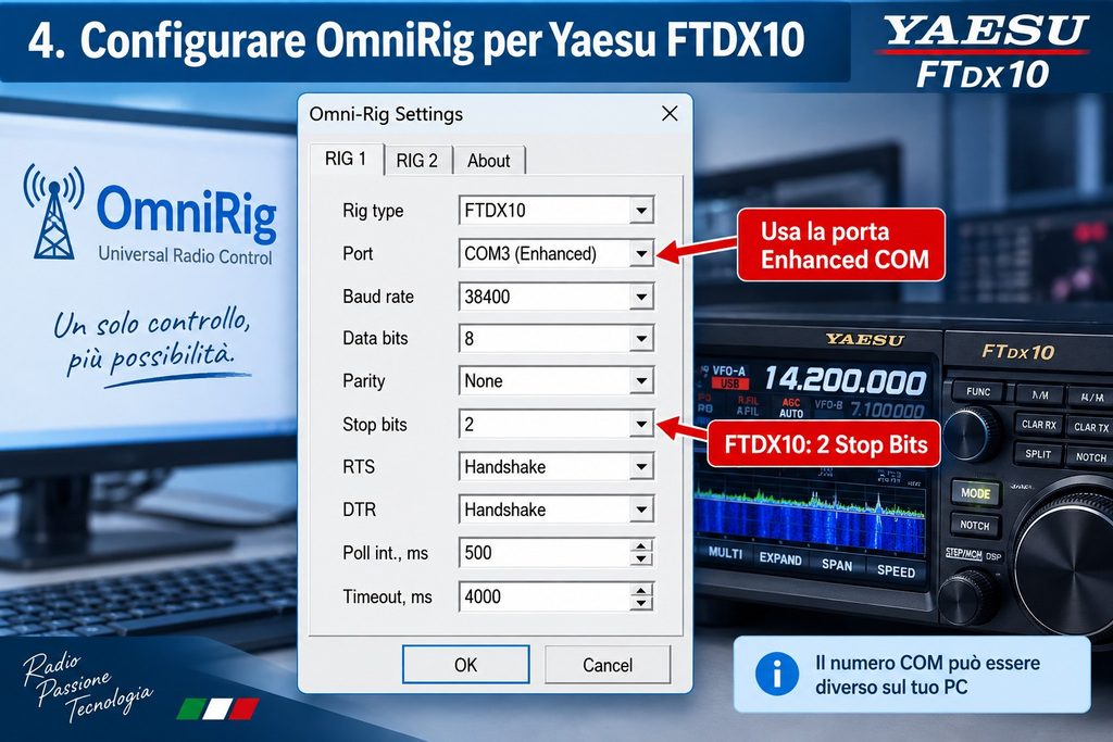 OmniRig configuration for the FTDX10. Use the Enhanced COM Port, 38400 baud and 2 stop bits.
