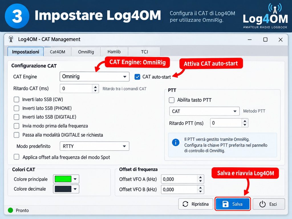 Seleziona OmniRig come CAT Engine e abilita CAT auto-start in Log4OM.