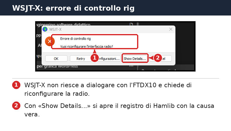 WSJT-X rig control error window with the Show Details button highlighted