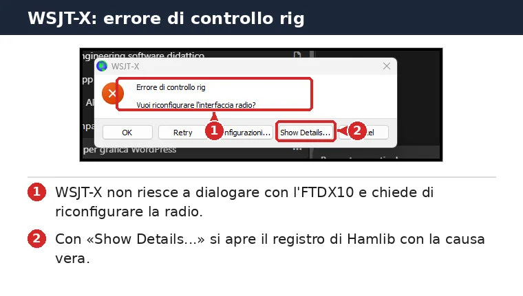 WSJT-X mostra la finestra Errore di controllo rig con il pulsante Show Details evidenziato