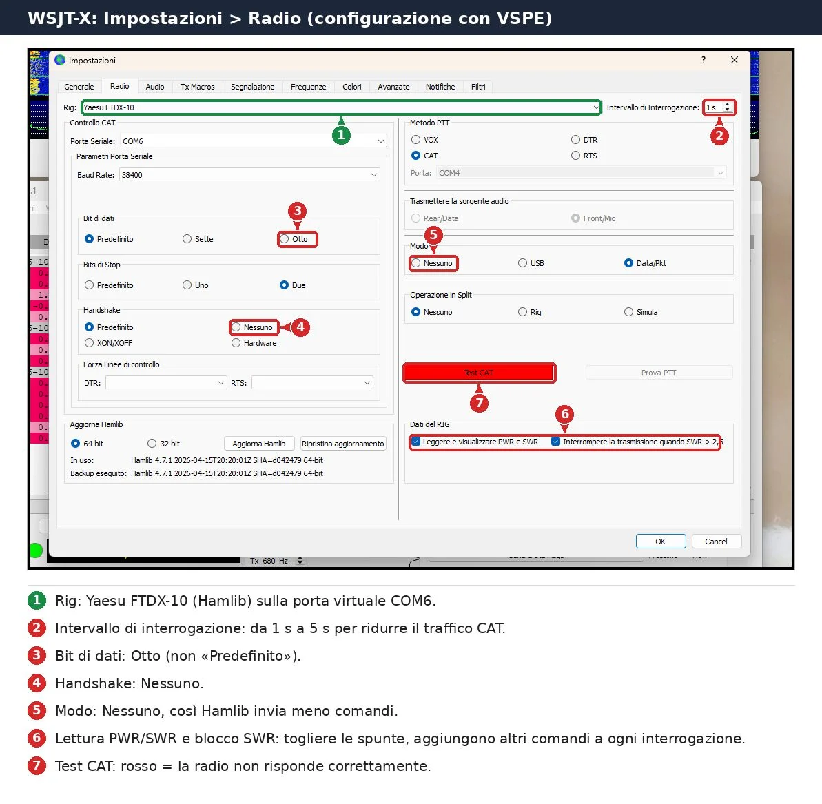 WSJT-X Impostazioni Radio per Yaesu FTDX-10 con intervallo di interrogazione, bit di dati, handshake, modo e lettura PWR SWR evidenziati