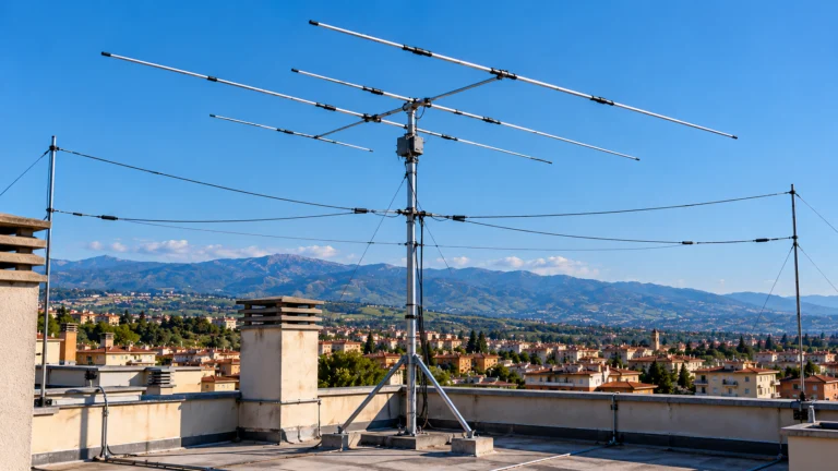 Antenna HF sul tetto di un condominio con panorama alpino