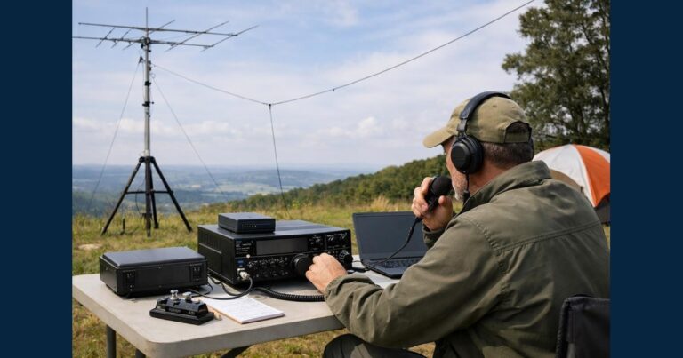 Un radioamatore all’aperto usa una radio ricetrasmittente con microfono, accanto a un’antenna e a un computer portatile.