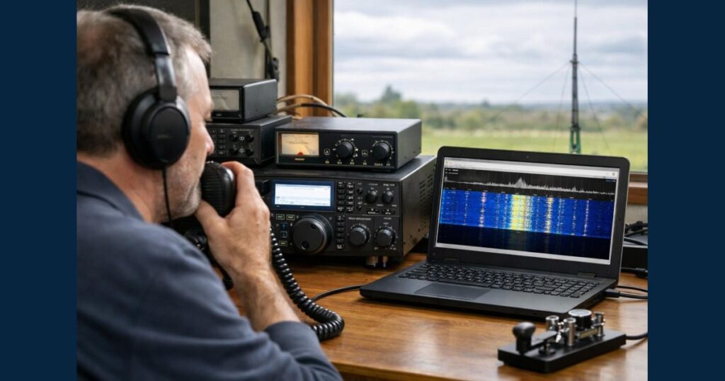 Un radioamatore parla al microfono davanti a ricetrasmettitori e a un portatile con spettrogramma del segnale radio.